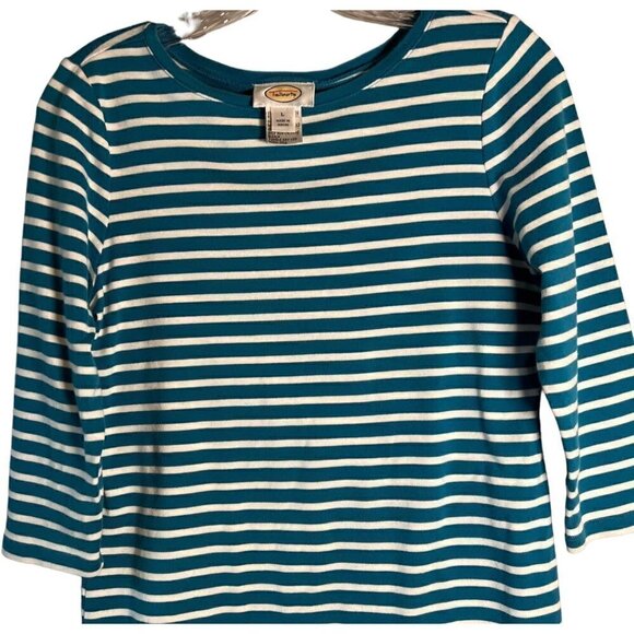 Talbots Green and White Striped Women's Size Large Long Sleeve Tee - Picture 2 of 11